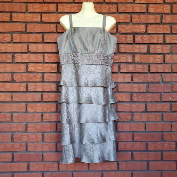 R&M Richards 2-Piece Jacket Dress Sz 12 Tiered Embellished Gray Shimmer - Picture 2 of 16